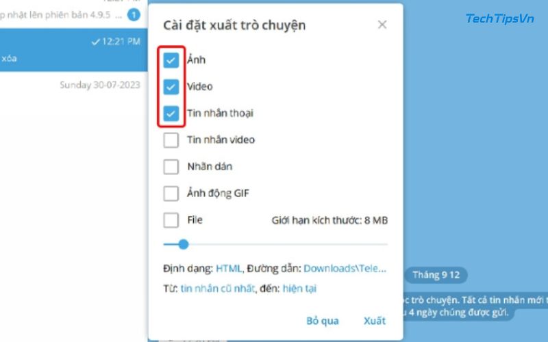 Cách xuất lịch sử trò chuyện trên Telegram dễ làm nhất Bạn có thể chọn những danh mục bạn muốn xuất