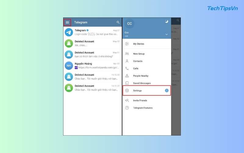 Hướng dẫn bảo mật Telegram để tránh rò rỉ thông tin cá nhân Vào phần Cài đặt (Settings)
