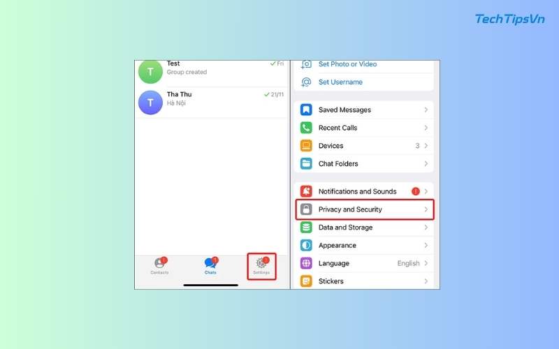 Hướng dẫn bảo mật Telegram để tránh rò rỉ thông tin cá nhân Chọn tiếp Quyền riêng tư và bảo mật.