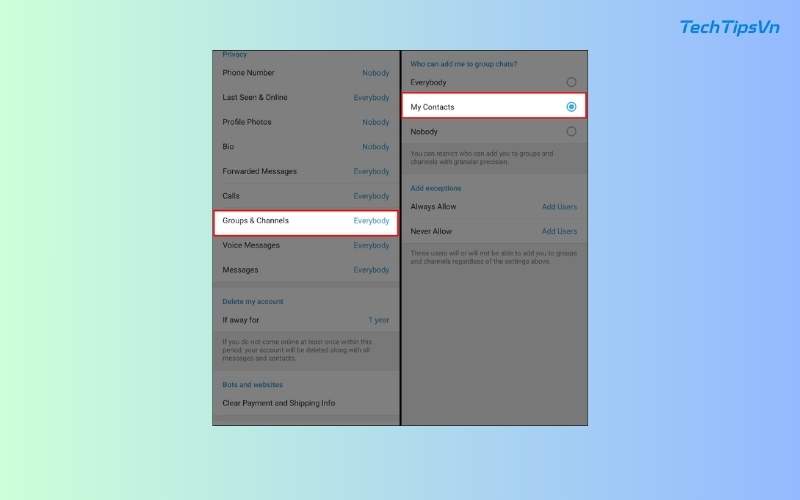 Hướng dẫn bảo mật Telegram để tránh rò rỉ thông tin cá nhân Để trạng thái Liên hệ của tôi (My Contacts)