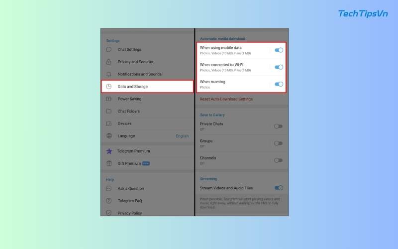 Hướng dẫn bảo mật Telegram để tránh rò rỉ thông tin cá nhân Chọn Dữ liệu và lưu trữ (Data and Storage)