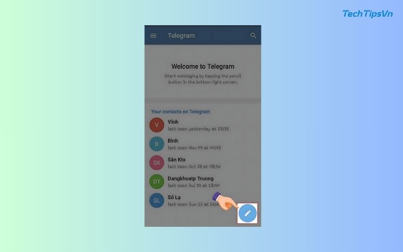 Top 4 cách kết bạn trên telegram dành cho người mới bắt đầu Chạm nhẹ vào biểu tượng cây bút nhỏ xíu nằm ở góc dưới bên phải màn hình