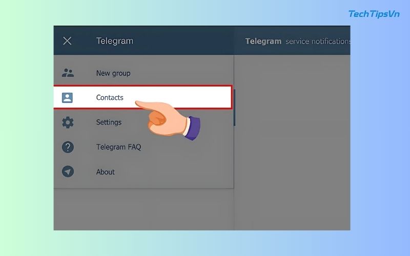 Top 4 cách kết bạn trên telegram dành cho người mới bắt đầu Trong menu vừa mở ra, chọn mục “Contacts”