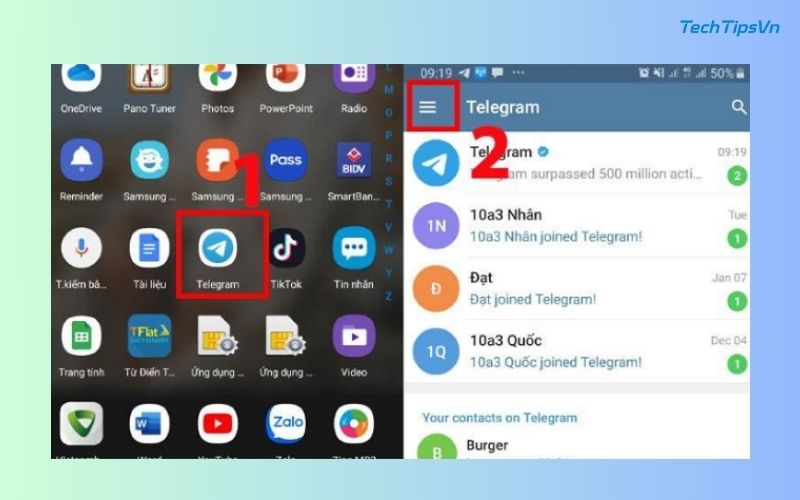 Kích hoạt OTP Telegram – Bảo mật tài khoản chỉ với vài bước Ở phần góc trái ứng dụng, bạn bấm vào thanh 3 gạch