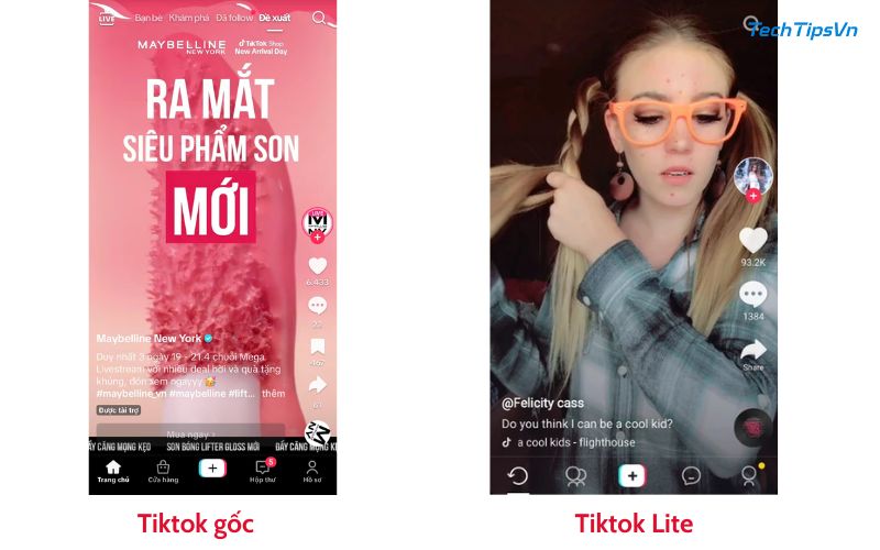 TikTok Lite: Mạng xã hội video siêu nhẹ, siêu mượt Giao diện chính của hai phiên bản Tiktok