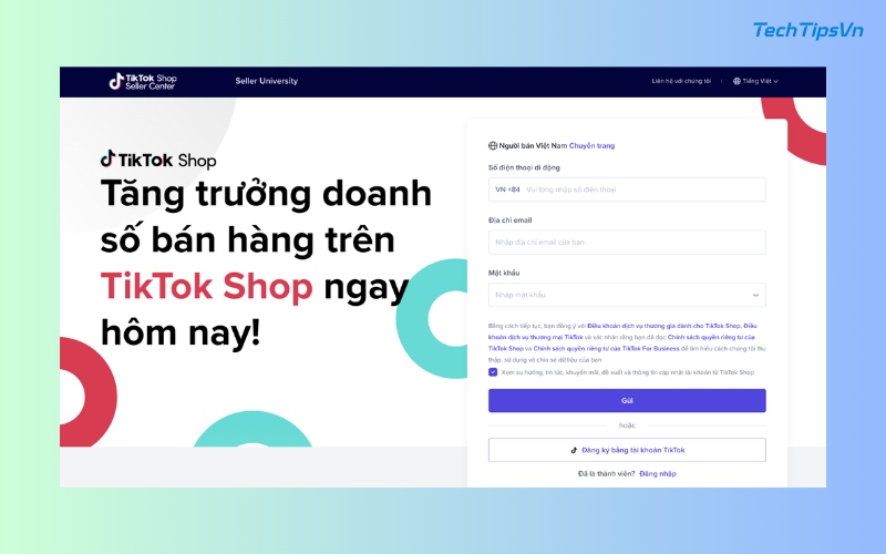 Truy cập trang đăng ký TikTok Shop cho người bán