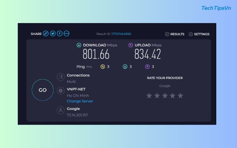 Chờ kết quả kiểm tra gồm PING, tốc độ tải xuống và tải lên