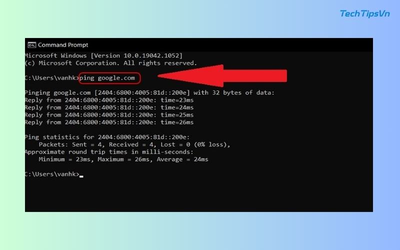 Nhập lệnh ping google.com và bấm Enter