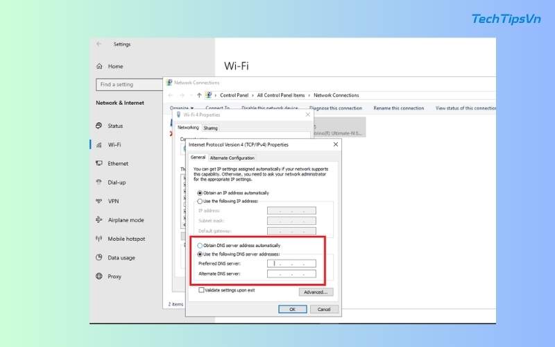 Click chọn mục Use the following DNS server addresses