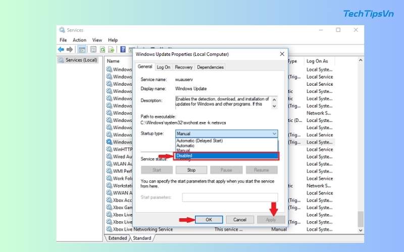 Chọn thành Disabled rồi nhấn Apply → OK