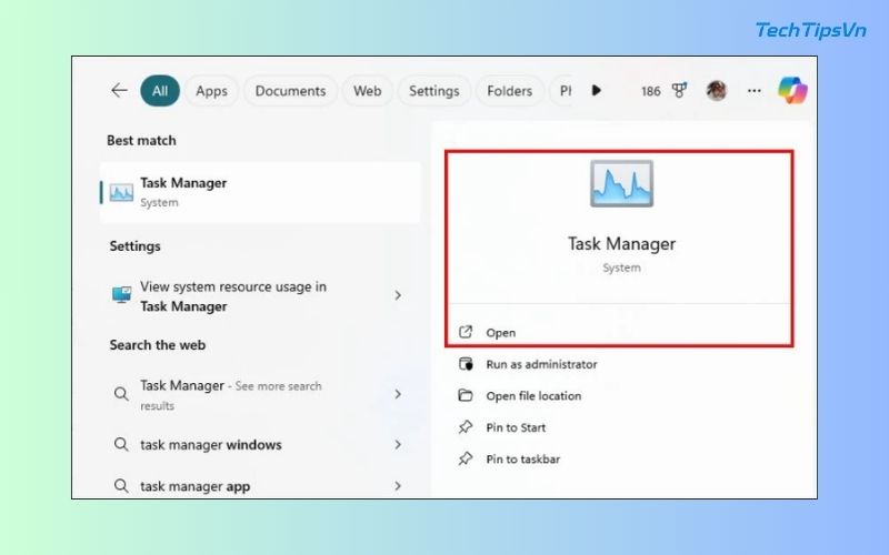 13 cách tăng tốc độ wifi cho laptop Win 11 đơn giản bạn nên thử Tìm Task Manager trên Taskbar và mở trình quản lý tác vụ