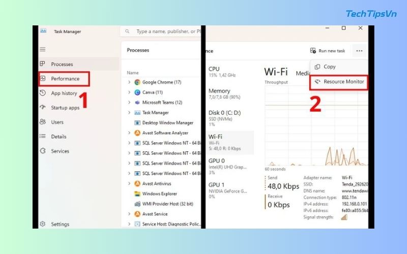 13 cách tăng tốc độ wifi cho laptop Win 11 đơn giản bạn nên thử Vào tab Hiệu suất, nhấn ba chấm > chọn Resource Monitor