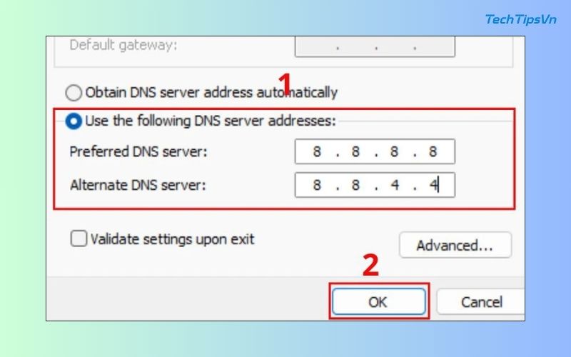 13 cách tăng tốc độ wifi cho laptop Win 11 đơn giản bạn nên thử Chọn Use the following DNS server addresses và nhập địa chỉ DNS