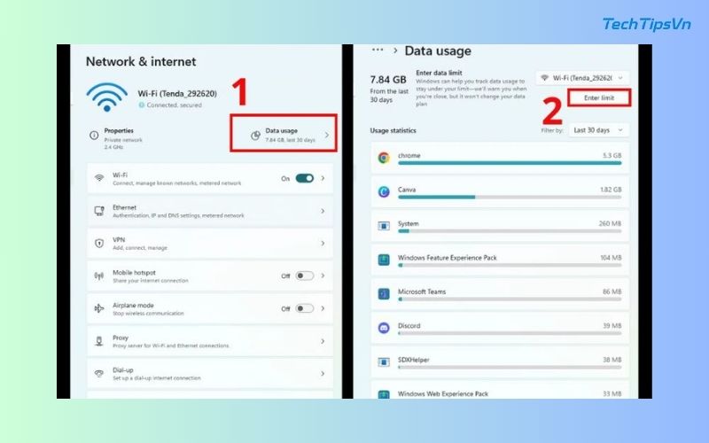 13 cách tăng tốc độ wifi cho laptop Win 11 đơn giản bạn nên thử Vào Data usage, chọn Wifi đang dùng, nhấn Enter limit