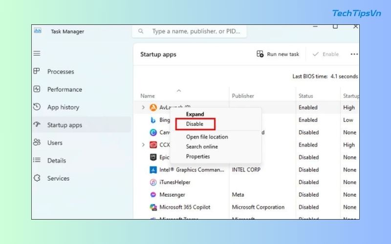 13 cách tăng tốc độ wifi cho laptop Win 11 đơn giản bạn nên thử Vào tab Startup apps, chuột phải ứng dụng không cần và chọn Disable để tắt tự khởi động
