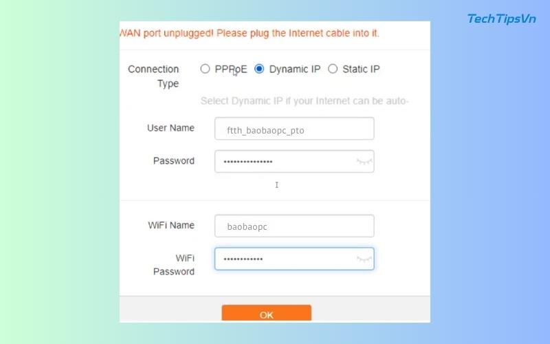 Hướng dẫn cài đặt kích sóng Wifi Tenda N300đơn giản Chọn chế độ Dynamic IP và nhập mật khẩu